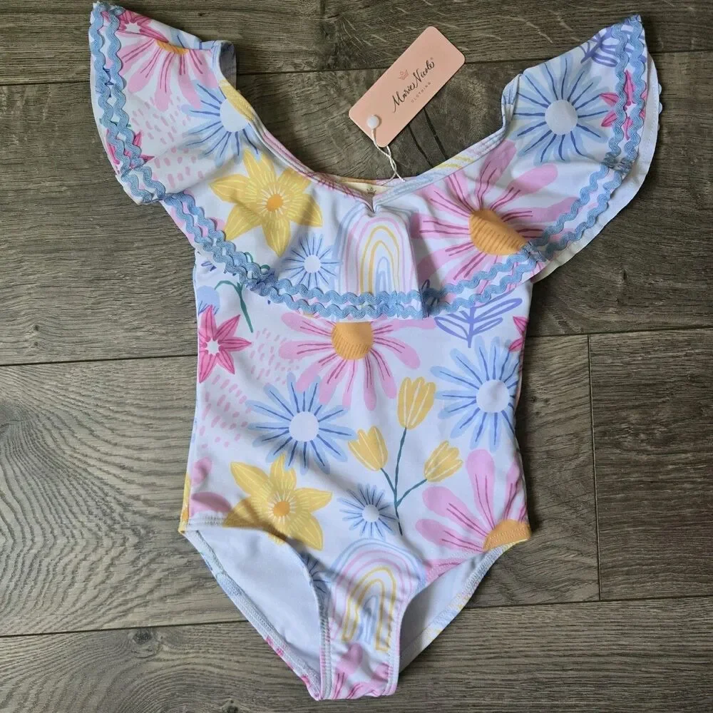 Marie Nicole Clothing Floral One Piece Swimsuit M NWT Pink Yellow Blue Ric Rac